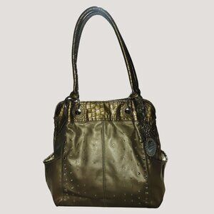Gemma DeRossi Gold Metallic Studded Faux Leather Tote Bag Croc Emboss Trim Charm